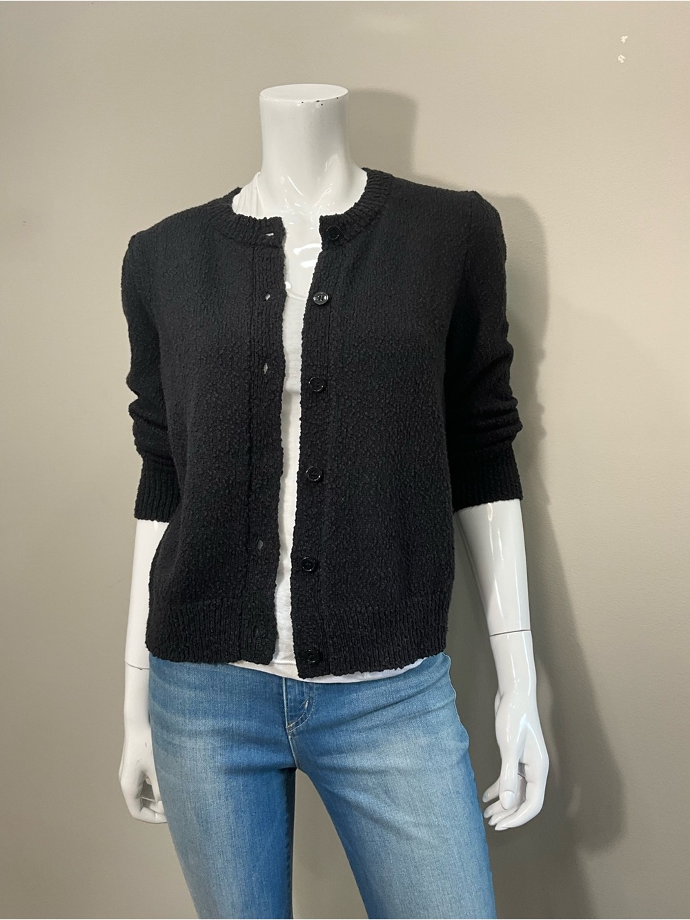 SUNDAYS Black Textured Bouclé Knit Button Front Crewneck Cardigan Sweater XS - Picture 2 of 7